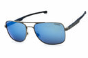 Sunglasses with blue lenses and dark frame on a white background