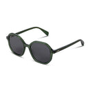 Green sunglasses with dark lenses on a white background