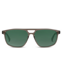 A pair of square aviator-style sunglasses with a translucent taupe-brown frame and green-tinted lenses, shown against a plain white background.