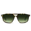 A pair of aviator-style sunglasses with a dark brown and yellow tortoiseshell frame and dark green gradient lenses, shown against a plain white background.