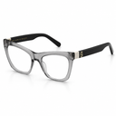 A pair of cat-eye style eyeglasses with a translucent smoky gray acetate frame and black temples featuring a gold-tone 'D' logo, shown on a clean white background.