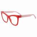 A pair of cat-eye style eyeglasses featuring a vibrant red front frame and light pink translucent temples, with a small gold metal accent on the hinge.