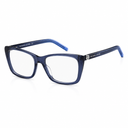 A pair of square-frame eyeglasses with translucent dark blue acetate frames and clear lenses, shown on a clean white background. 