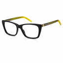 Black eyeglasses with translucent yellow temples, shown on a clean white background.