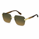 A pair of designer sunglasses with square gradient brown lenses, gold metal frames, and dark brown temples. 