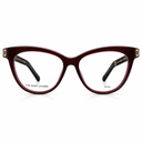 The Marc Jacobs Austine cat-eye eyeglasses in translucent burgundy acetate with gold metal accents and black temple tips, shown on a white background.