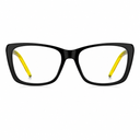 Black eyeglasses with translucent yellow temple tips, shown against a plain white background.