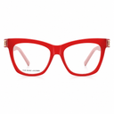 Red cat-eye eyeglasses with gold metal accents on the temples and clear lenses, shown against a plain white background.