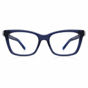 A pair of eyeglasses with a translucent dark blue acetate frame and clear lenses, shown against a plain white background.
