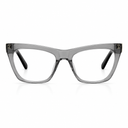 A pair of cat-eye eyeglasses in translucent smoky gray acetate with clear lenses and black temple tips, shown against a plain white background.
