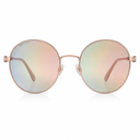 Round sunglasses with a rose gold metal frame and mirrored lenses that transition from pink to green with a blue tint, shown on a white background.