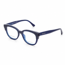 Jimmy Choo eyeglasses in navy blue with a textured glittery frame and clear lenses, shown on a white background.