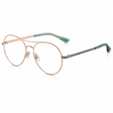 Side angle of gold framed eyeglasses on a white background. 