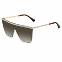 A pair of designer shield sunglasses with gradient gray lenses, a gold metal frame, rhinestone trim, and tortoiseshell temples, shown on a clean white background.