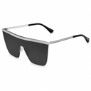 A pair of oversized shield sunglasses with dark lenses, a textured silver top frame, and slim black temples, shown on a plain white background.