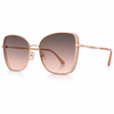 A pair of square sunglasses with a rose gold metal frame, glittery textured outer edges, and gradient brown lenses, shown on a clean white background.