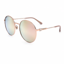 Side angle of gold framed sunglasses with gradient lenses on a white background. 