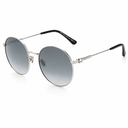 Round silver metal sunglasses with gradient gray lenses, featuring thin temples with black tips, shown on a white background.