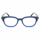Blue acetate eyeglass frames with a glittery dark blue brow and clear lenses, shown against a plain white background.