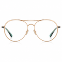 A pair of aviator-style eyeglasses with a thin rose gold metal frame, clear lenses, and green tortoiseshell temples, shown against a plain white background.