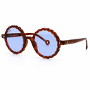 Round tortoiseshell glasses with blue lenses on a white background.
