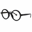 Side angle of round black eyeglasses on a white background. 