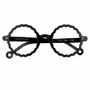Front angle of round black eyeglasses on a white background. 