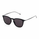Side angle of black framed sunglasses with dark lenses on a white background. 