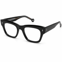 Side angle of black framed eyeglasses on a white background.