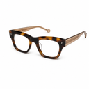 Side angle of tortoiseshell framed eyeglasses on a white background. 