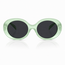 Sunglasses with a translucent mint green frame and dark gray lenses, shown against a white background with a soft reflection below.
