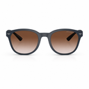 A pair of round-frame sunglasses with a matte blue frame and brown gradient lenses, featuring the silver Emporio Armani eagle logo on the temples.