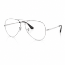 Silver metal aviator-style eyeglasses with clear lenses and black temple tips, shown on a clean white background with a soft reflection below.