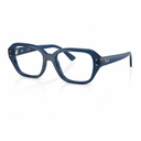 A pair of Ray-Ban square-frame eyeglasses in a dark navy blue acetate, shown at a three-quarter angle on a clean white background.