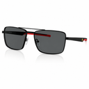 A pair of rectangular aviator-style sunglasses with a matte black frame, dark gray lenses, and a distinctive red accent stripe on the front frame and temple arm.