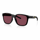 Ferrari sunglasses with a glossy black frame and dark purple lenses, featuring the Ferrari logo on the temple arm.
