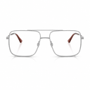 Silver metal aviator-style eyeglasses with clear lenses and brown acetate temple tips, shown from the front on a white background.