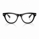 Black acetate cat-eye eyeglasses with clear lenses, shown from the front on a white background with a soft reflection below.