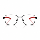 Black metal eyeglass frames with red inner temple arms, shown from the front on a white background with a soft reflection below.