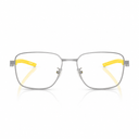 Rectangular metal eyeglasses with a thin silver frame and bright yellow temple tips, shown against a clean white background.