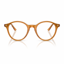 Round acetate eyeglass frames in a translucent amber-brown color, shown from the front on a clean white background with a soft reflection below.