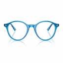 Round blue translucent eyeglass frames with clear lenses, shown from the front on a white background with a soft reflection below.
