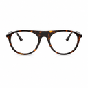 Dark round havana framed eyeglasses on a white background. 