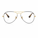 A pair of classic aviator-style eyeglasses with thin gold metal double bridge, black metal lower rims, and tortoiseshell acetate temples, shown on a clean white background with a subtle reflection.