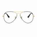 A pair of classic aviator-style eyeglasses with a thin black metal frame, gold double bridge, and black temple tips, shown on a clean white background.