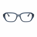 A pair of chunky, square eyeglasses with a translucent dark blue acetate frame and clear lenses, shown against a plain white background.