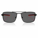 A pair of modern square aviator-style sunglasses with a black metal frame, dark gray lenses, and a distinctive red accent strip on the inner side of each lens, shown against a plain white background with a soft reflection below.