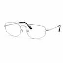 Silver metal eyeglass frames with clear lenses and black temple tips, shown on a plain white background.
