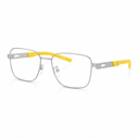 A pair of modern square-frame eyeglasses with a silver metal frame and bright yellow temple accents, shown on a clean white background.