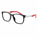Black and red Ferrari eyeglasses with silver metal temples and clear lenses, shown on a white background.